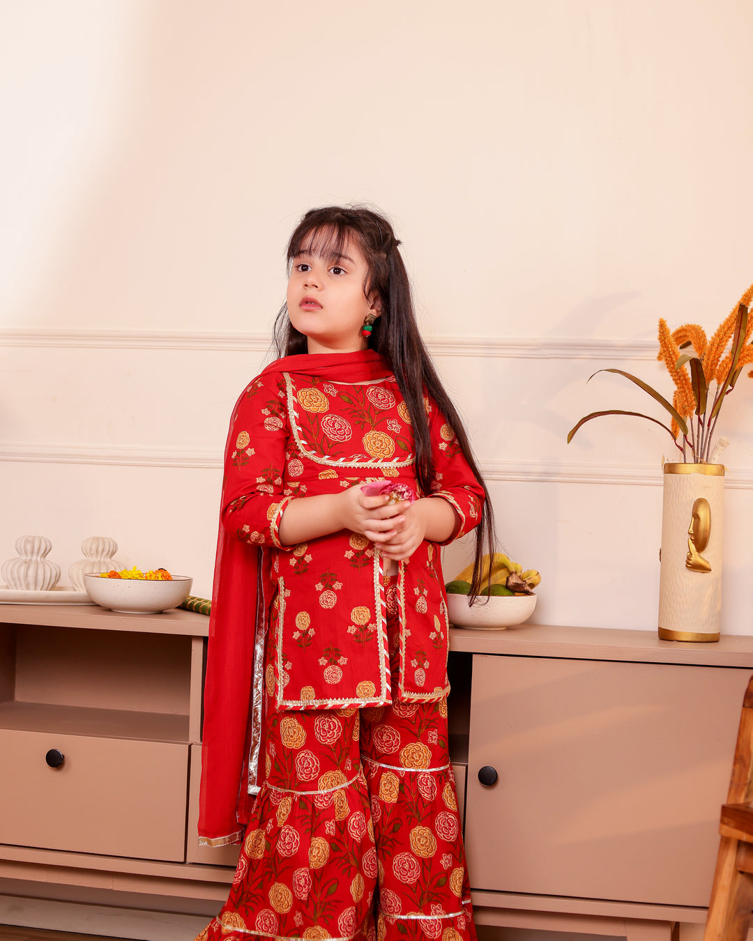 Girls Red Floral Printed Front-Slit Kurti & Tiered Sharara Set with Dupatta (Set of 3)
