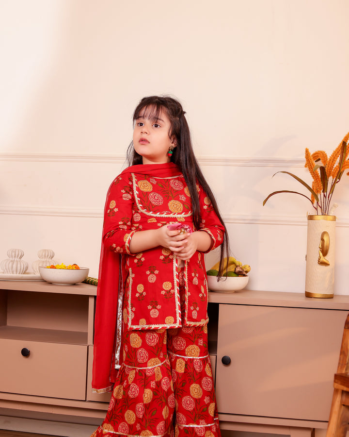 Girls Red Floral Printed Front-Slit Kurti & Tiered Sharara Set with Dupatta (Set of 3)