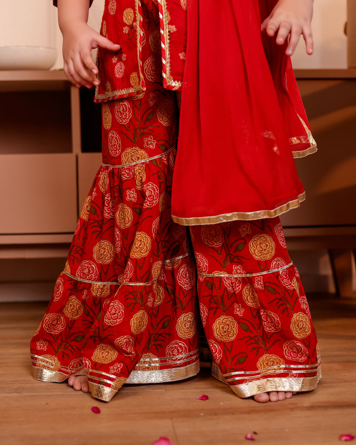 Girls Red Floral Printed Front-Slit Kurti & Tiered Sharara Set with Dupatta (Set of 3)