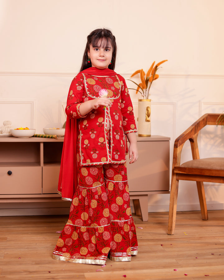 Girls Red Floral Printed Front-Slit Kurti & Tiered Sharara Set with Dupatta (Set of 3)
