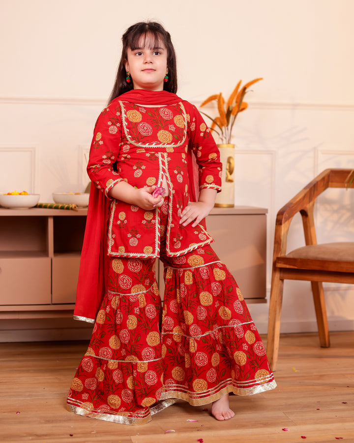 Girls Red Floral Printed Front-Slit Kurti & Tiered Sharara Set with Dupatta (Set of 3)