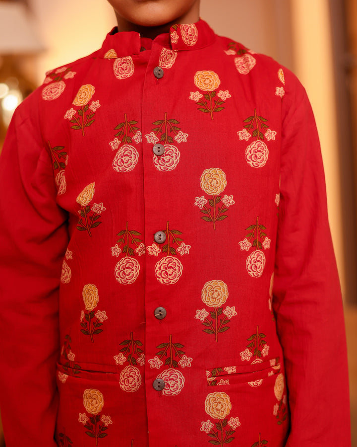 Boys Red Floral Printed Jacket with Kurta & Pyjama Set (Set of 3)