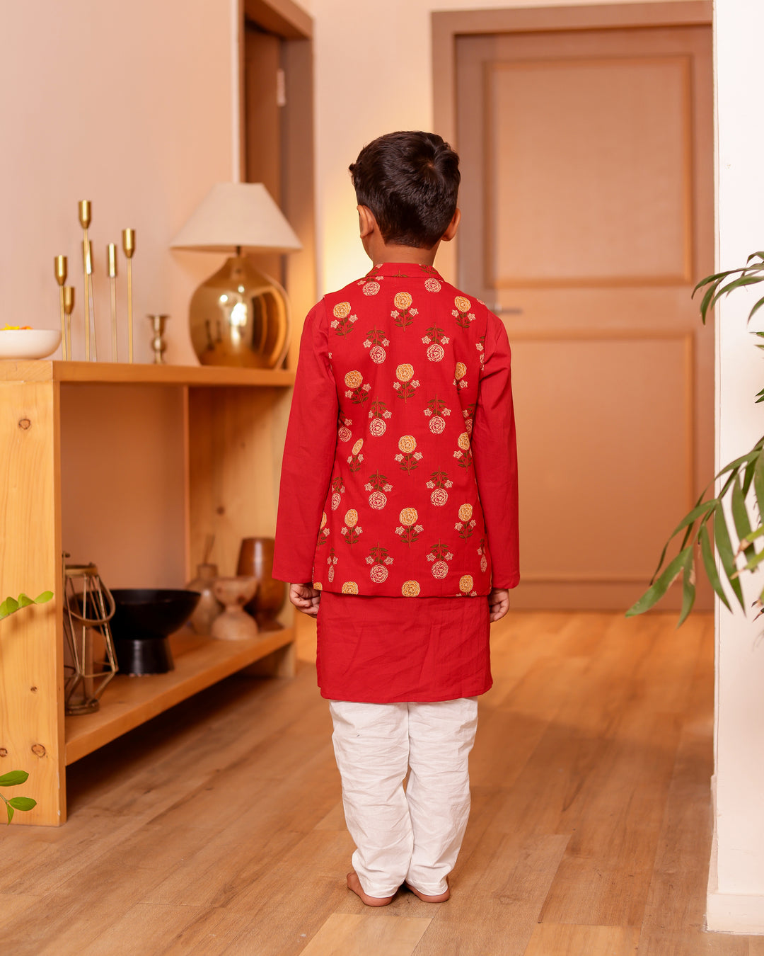Boys Red Floral Printed Jacket with Kurta & Pyjama Set (Set of 3)