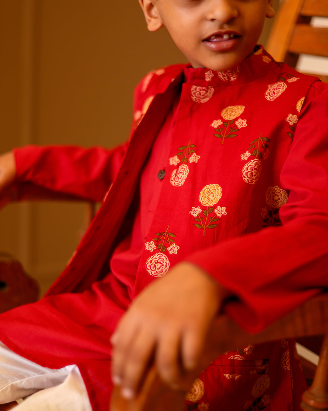 Boys Red Floral Printed Jacket with Kurta & Pyjama Set (Set of 3)