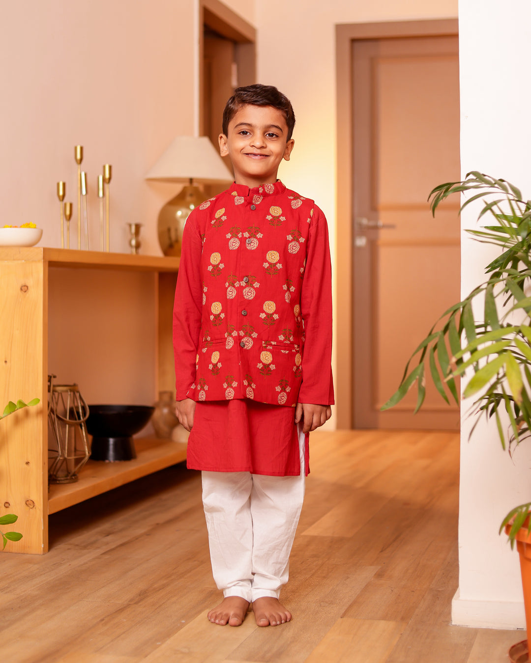 Boys Red Floral Printed Jacket with Kurta & Pyjama Set (Set of 3)