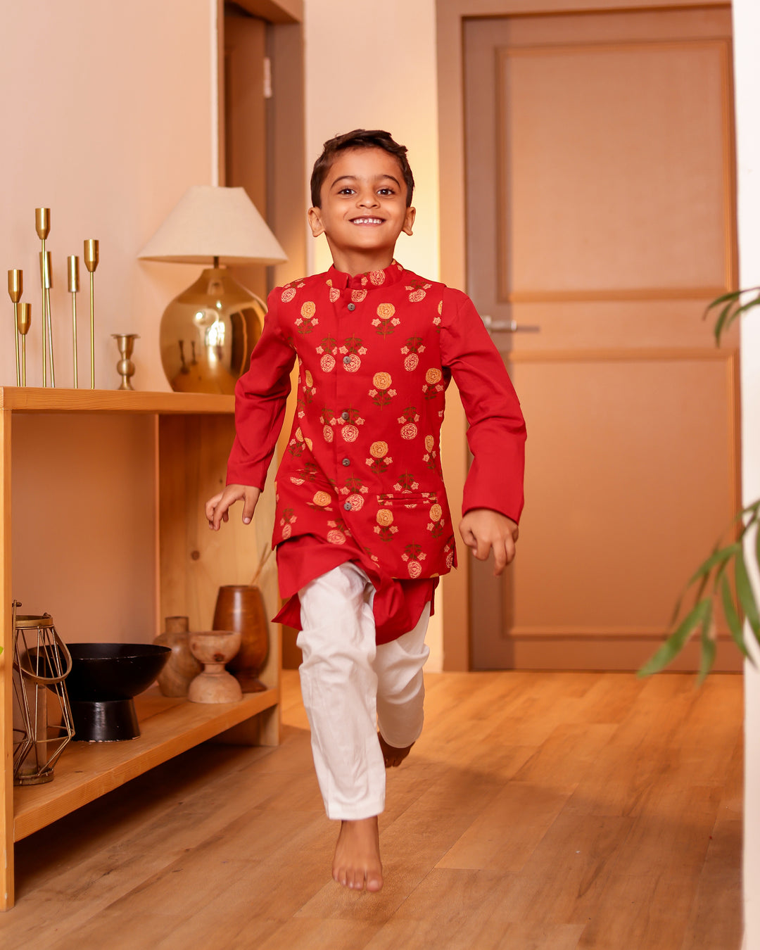 Boys Red Floral Printed Jacket with Kurta & Pyjama Set (Set of 3)
