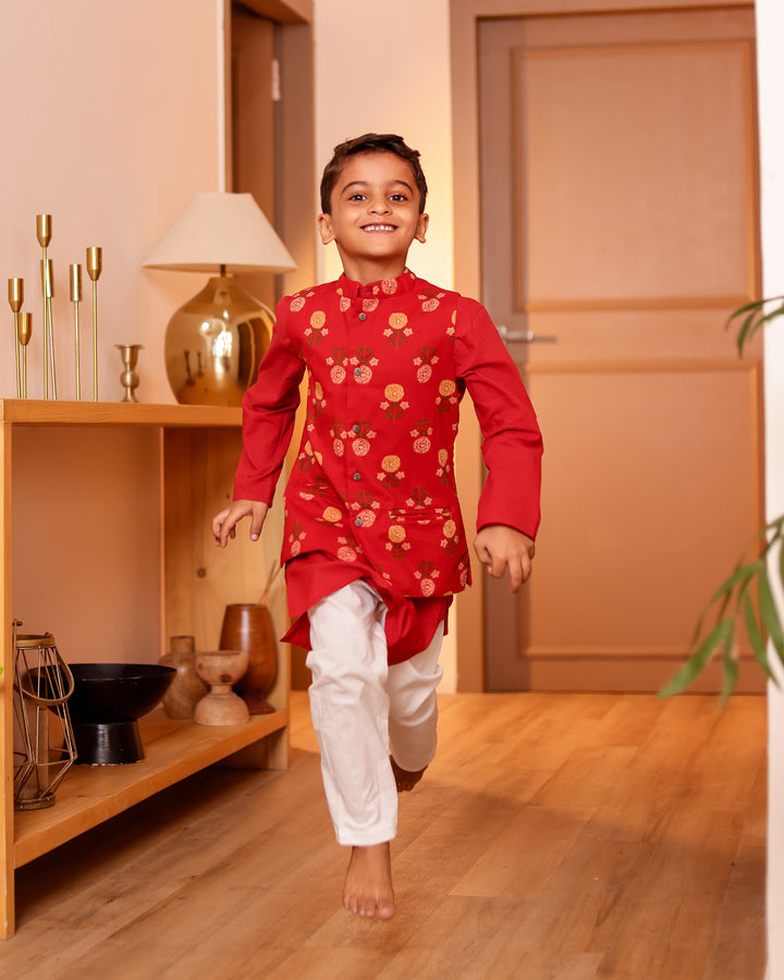 Boys Red Floral Printed Jacket with Kurta & Pyjama Set (Set of 3)