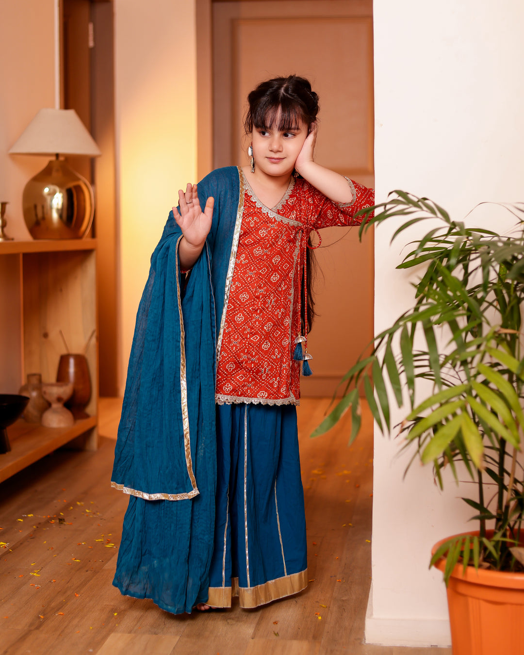Girls Muslin Rust Orange Bandhani Angrakha Kurti & Blue Skirt with Dupatta (Set of 3)