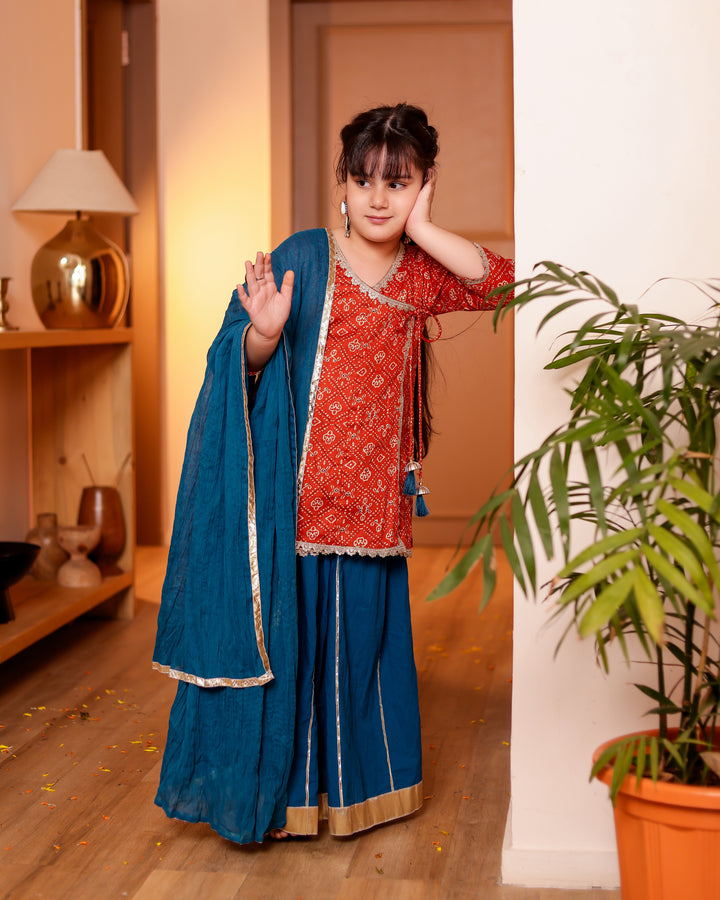 Girls Muslin Rust Orange Bandhani Angrakha Kurti & Blue Skirt with Dupatta (Set of 3)