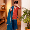Girls Muslin Rust Orange Bandhani Angrakha Kurti & Blue Skirt with Dupatta (Set of 3)