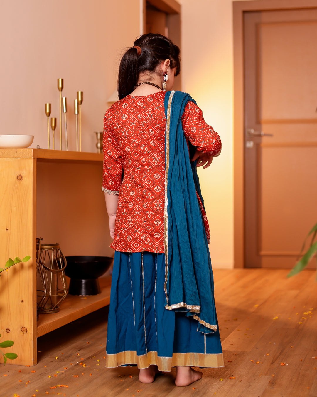 Girls Muslin Rust Orange Bandhani Angrakha Kurti & Blue Skirt with Dupatta (Set of 3)