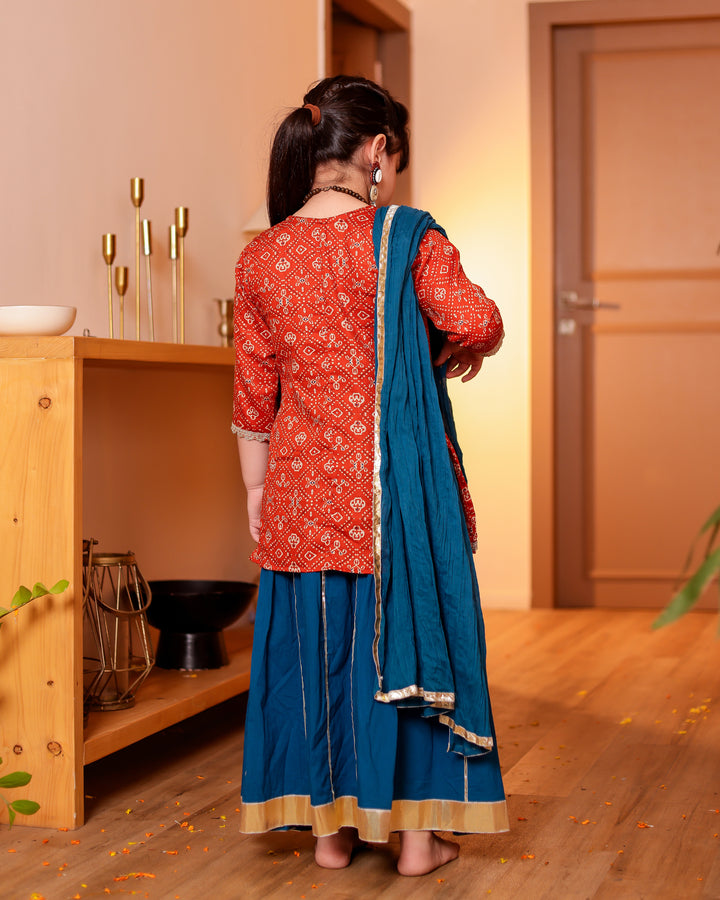 Girls Muslin Rust Orange Bandhani Angrakha Kurti & Blue Skirt with Dupatta (Set of 3)