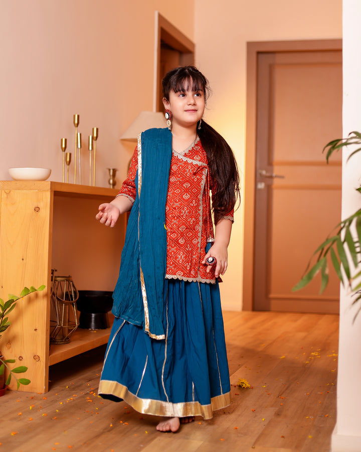 Girls Muslin Rust Orange Bandhani Angrakha Kurti & Blue Skirt with Dupatta (Set of 3)