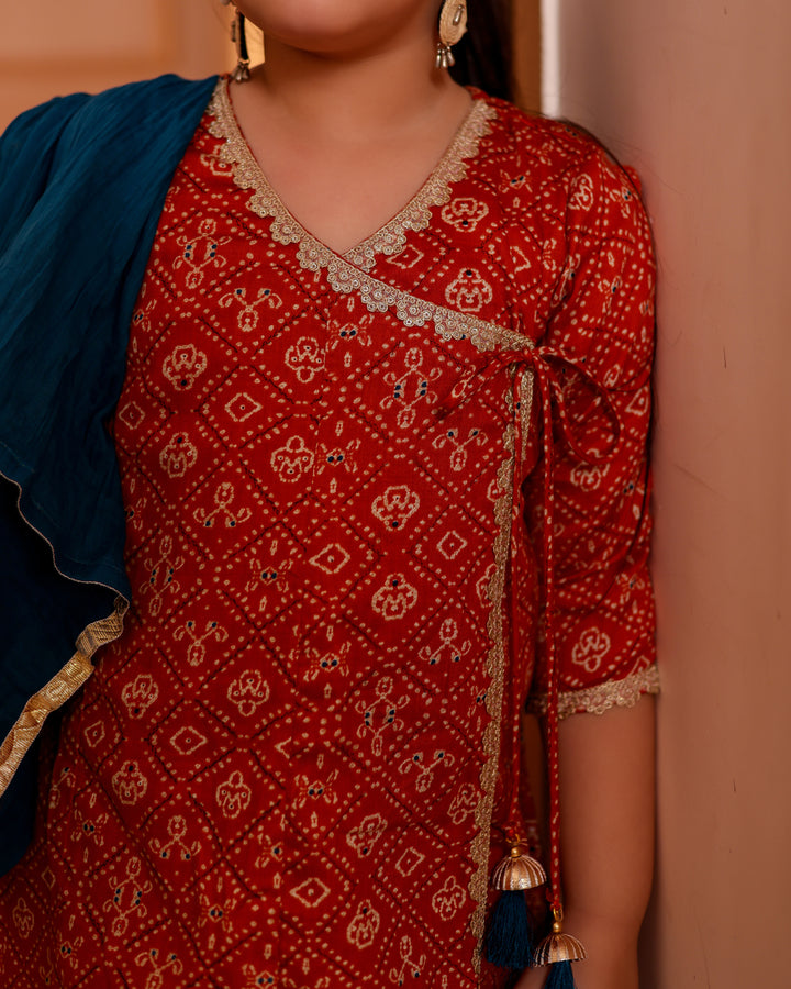 Girls Muslin Rust Orange Bandhani Angrakha Kurti & Blue Skirt with Dupatta (Set of 3)