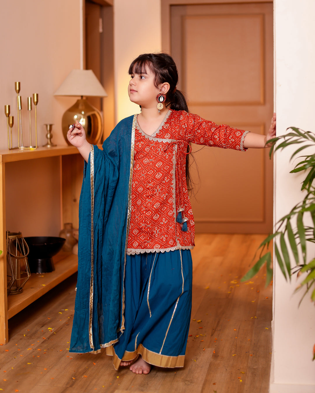 Girls Muslin Rust Orange Bandhani Angrakha Kurti & Blue Skirt with Dupatta (Set of 3)