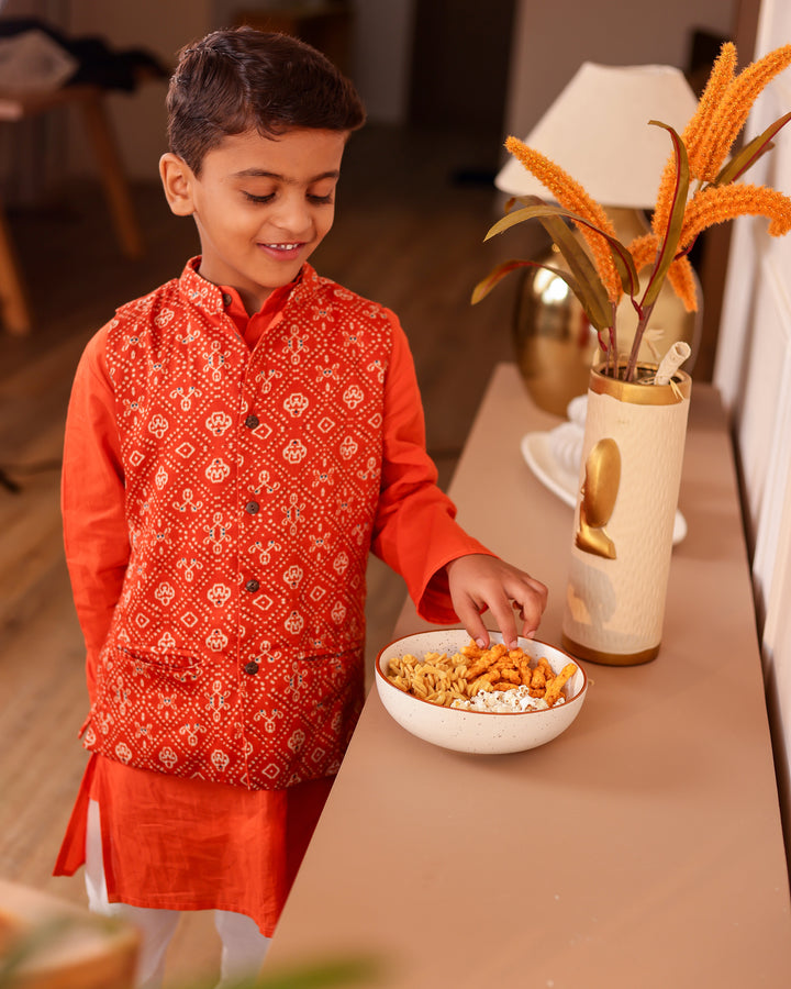 Boys Rust Orange Bandhani Printed Jacket with Kurta & Pyjama 3-Piece Set