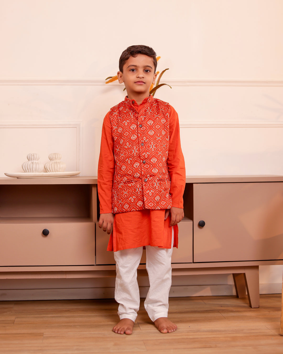 Boys Rust Orange Bandhani Printed Jacket with Kurta & Pyjama 3-Piece Set