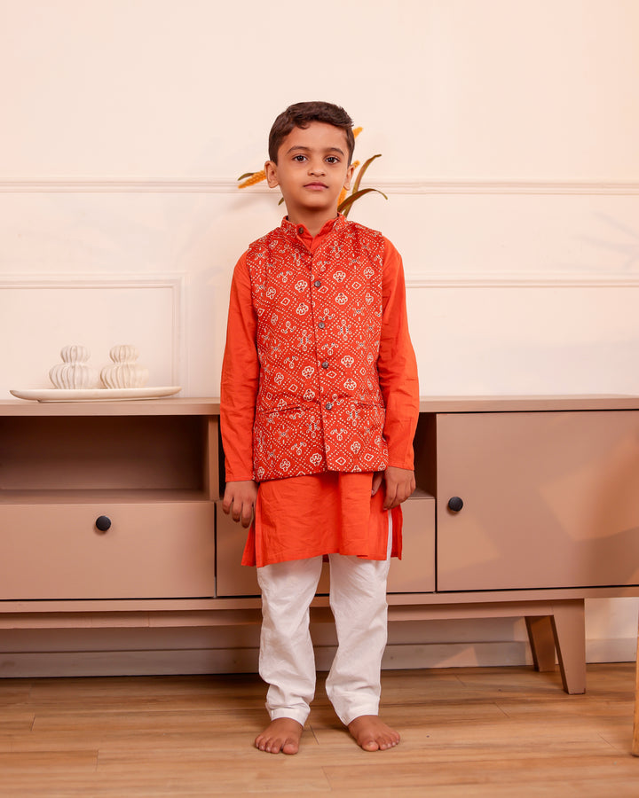 Boys Rust Orange Bandhani Printed Jacket with Kurta & Pyjama 3-Piece Set