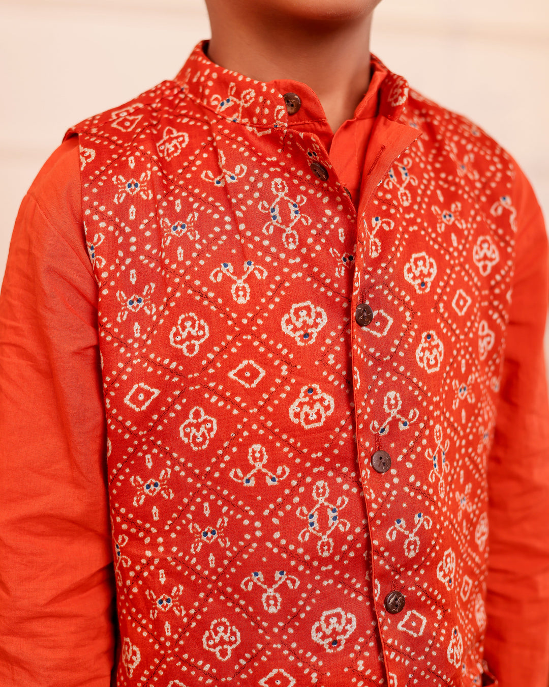 Boys Rust Orange Bandhani Printed Jacket with Kurta & Pyjama 3-Piece Set
