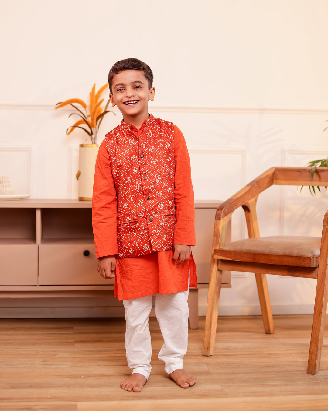 Boys Rust Orange Bandhani Printed Jacket with Kurta & Pyjama 3-Piece Set