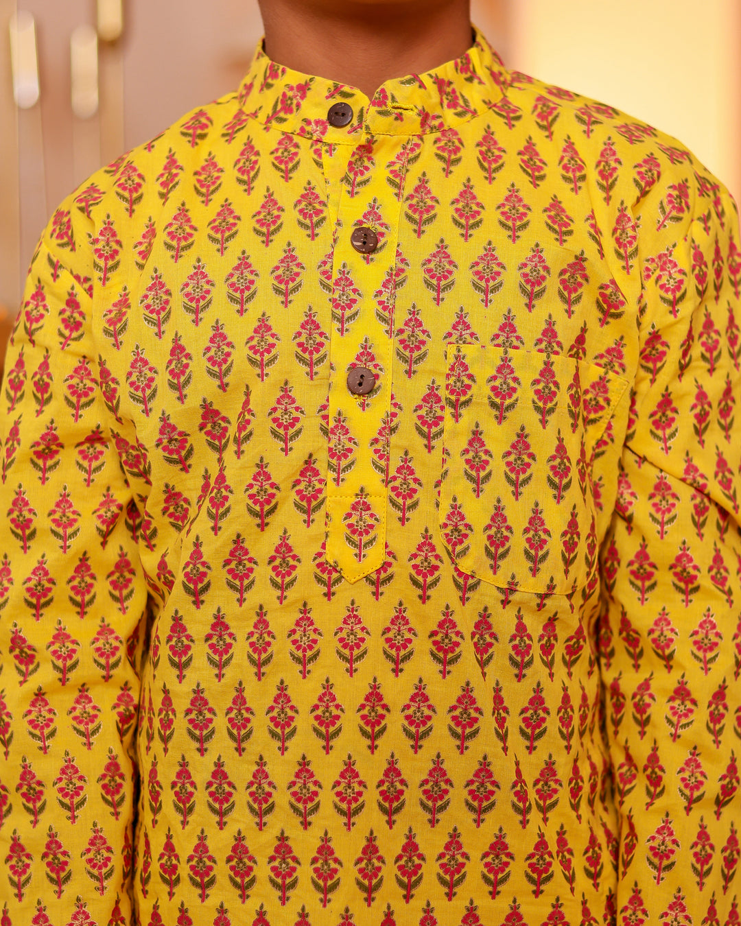 Boys Bright Yellow Floral Booti Printed Cotton Kurta with Pyjama (Set of 2)
