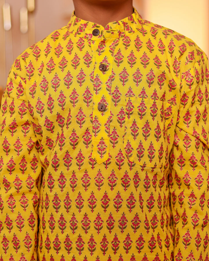 Boys Bright Yellow Floral Booti Printed Cotton Kurta with Pyjama (Set of 2)