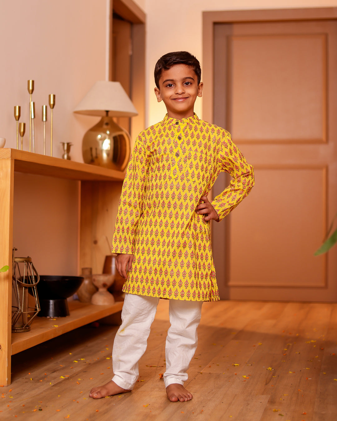 Boys Bright Yellow Floral Booti Printed Cotton Kurta with Pyjama (Set of 2)