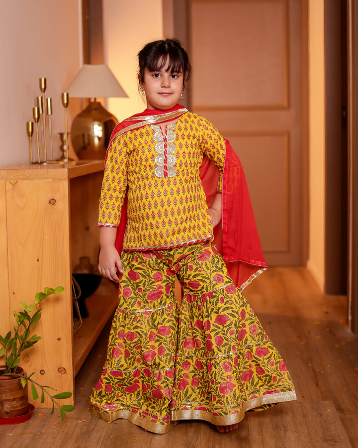 Girls Bright Yellow Floral Printed Kurti & Tiered Sharara with Red Dupatta (Set of 3)