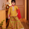 Girls Bright Yellow Floral Printed Kurti & Tiered Sharara with Red Dupatta (Set of 3)