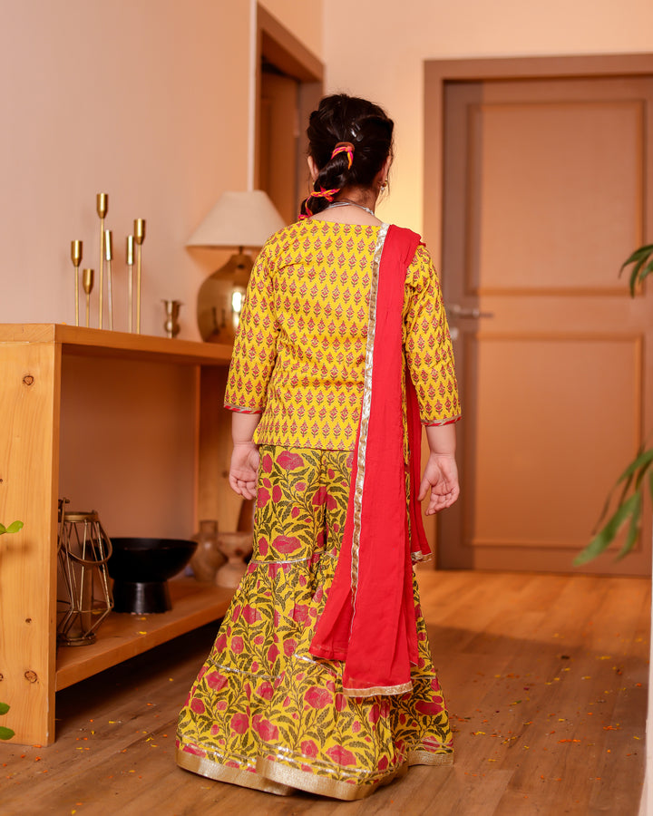 Girls Bright Yellow Floral Printed Kurti & Tiered Sharara with Red Dupatta (Set of 3)