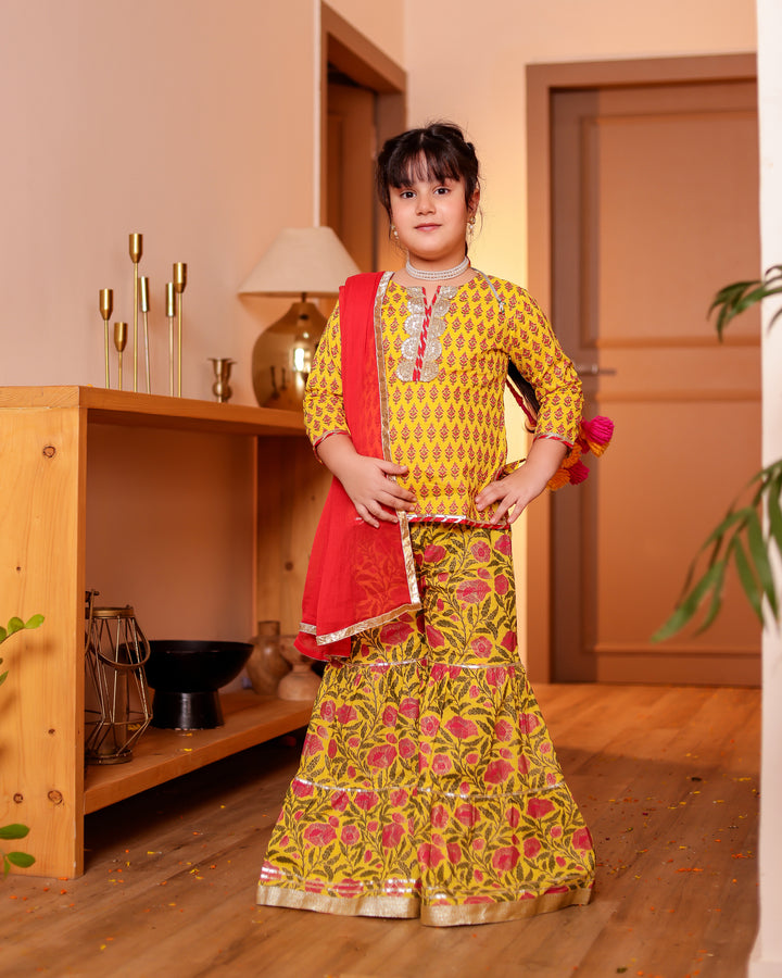 Girls Bright Yellow Floral Printed Kurti & Tiered Sharara with Red Dupatta (Set of 3)