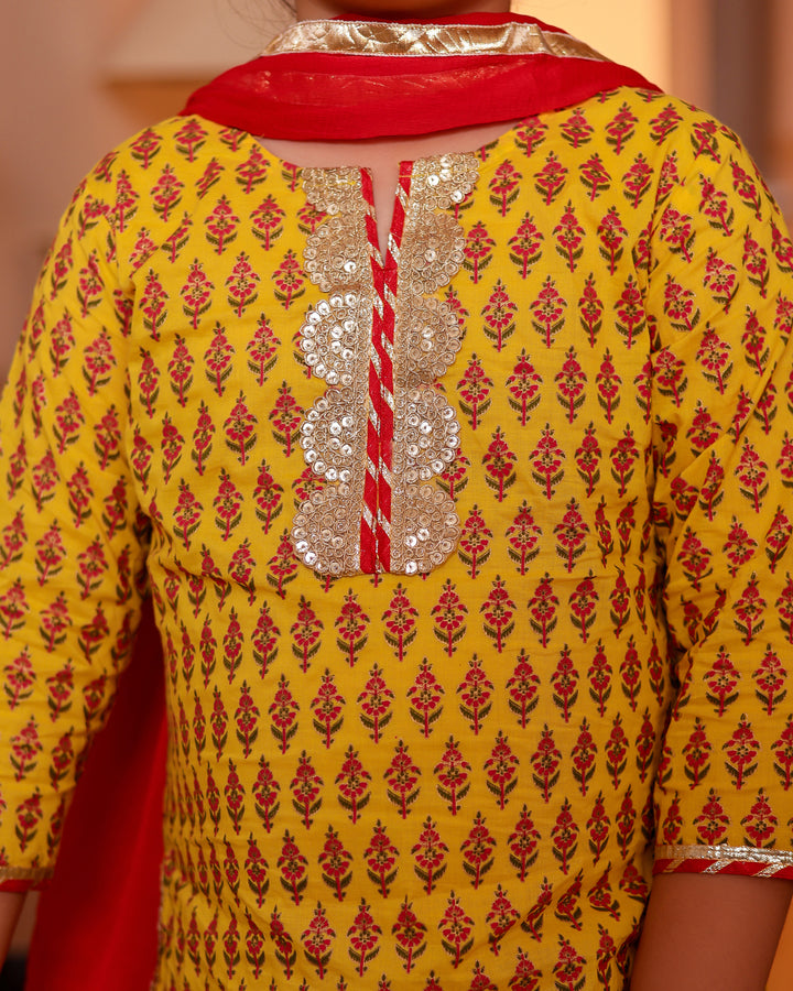 Girls Bright Yellow Floral Printed Kurti & Tiered Sharara with Red Dupatta (Set of 3)