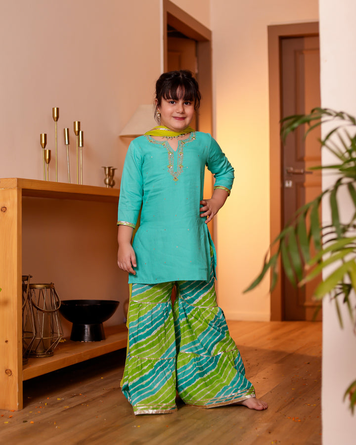Girls Aqua Turquoise Handwork Kurti & Lime Green Leheriya Sharara Set with Dupatta (Set of 3)