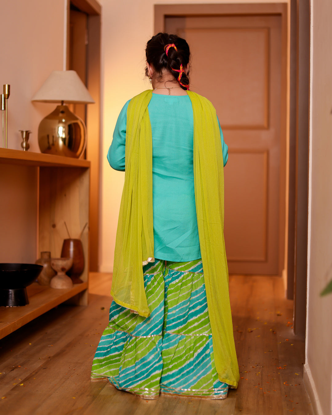 Girls Aqua Turquoise Handwork Kurti & Lime Green Leheriya Sharara Set with Dupatta (Set of 3)