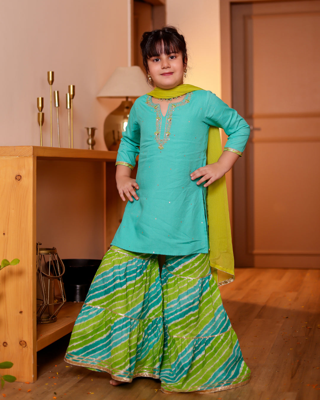 Girls Aqua Turquoise Handwork Kurti & Lime Green Leheriya Sharara Set with Dupatta (Set of 3)