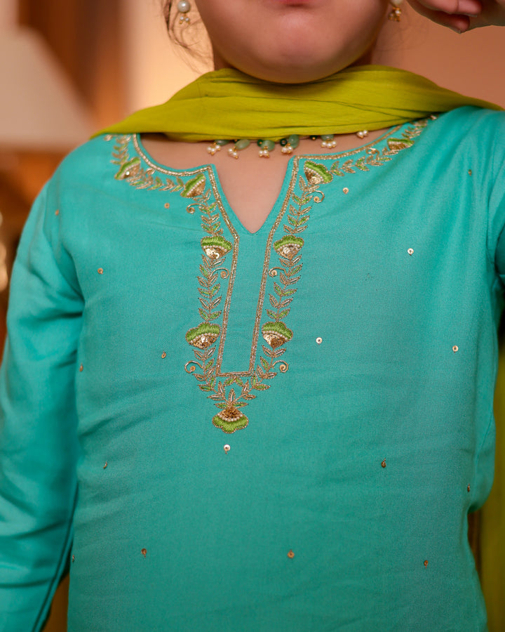 Girls Aqua Turquoise Handwork Kurti & Lime Green Leheriya Sharara Set with Dupatta (Set of 3)
