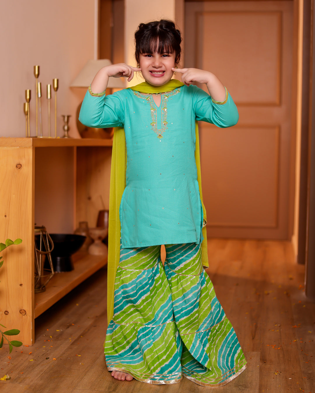 Girls Aqua Turquoise Handwork Kurti & Lime Green Leheriya Sharara Set with Dupatta (Set of 3)