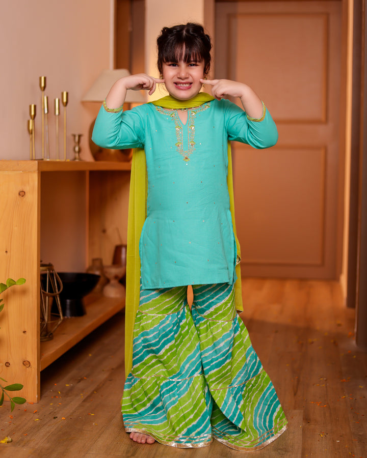 Girls Aqua Turquoise Handwork Kurti & Lime Green Leheriya Sharara Set with Dupatta (Set of 3)