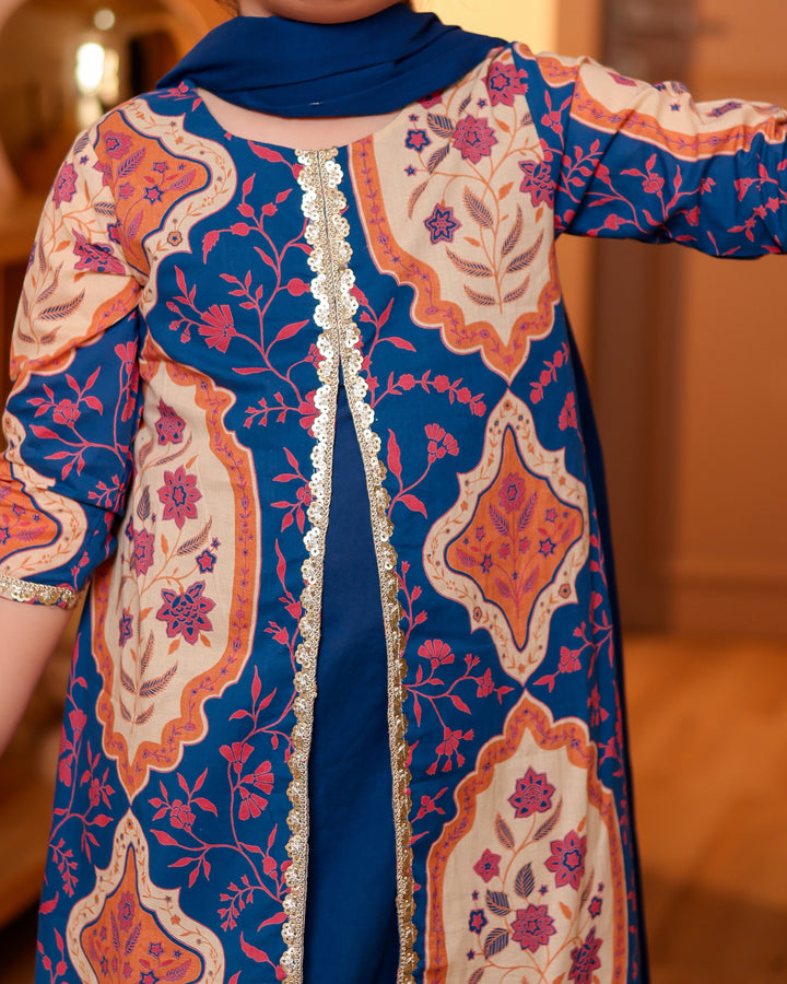 Girls Blue A-Line Jacket-Style Kurti & Straight Pant Set with Dupatta