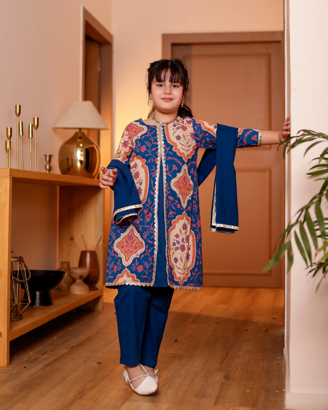 Girls Blue A-Line Jacket-Style Kurti & Straight Pant Set with Dupatta