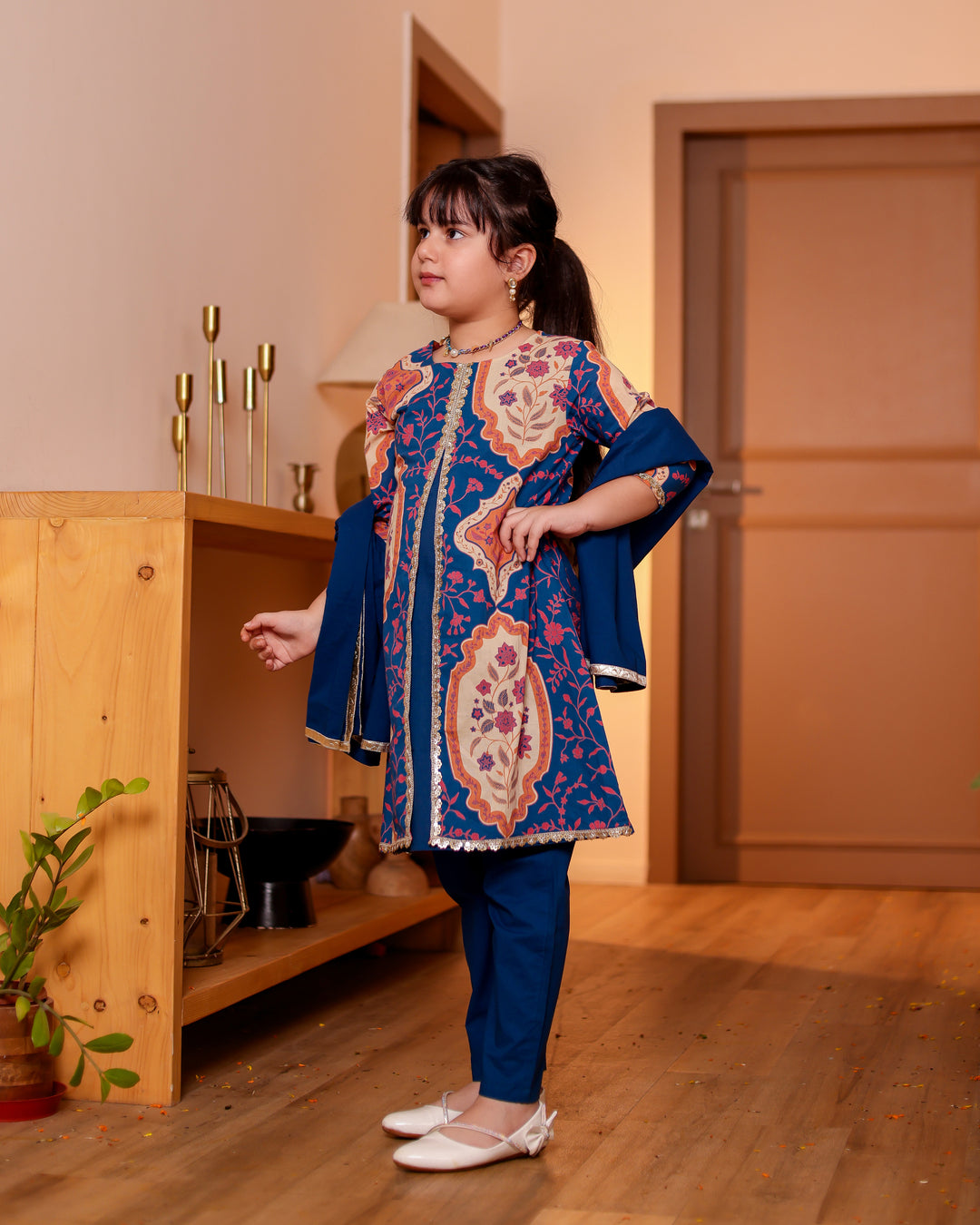 Girls Blue A-Line Jacket-Style Kurti & Straight Pant Set with Dupatta