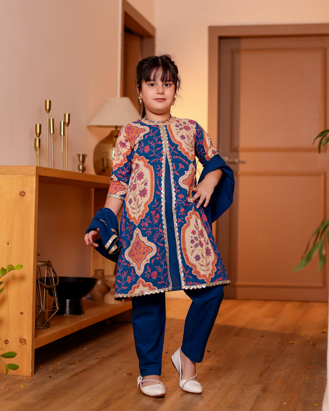 Girls Blue A-Line Jacket-Style Kurti & Straight Pant Set with Dupatta