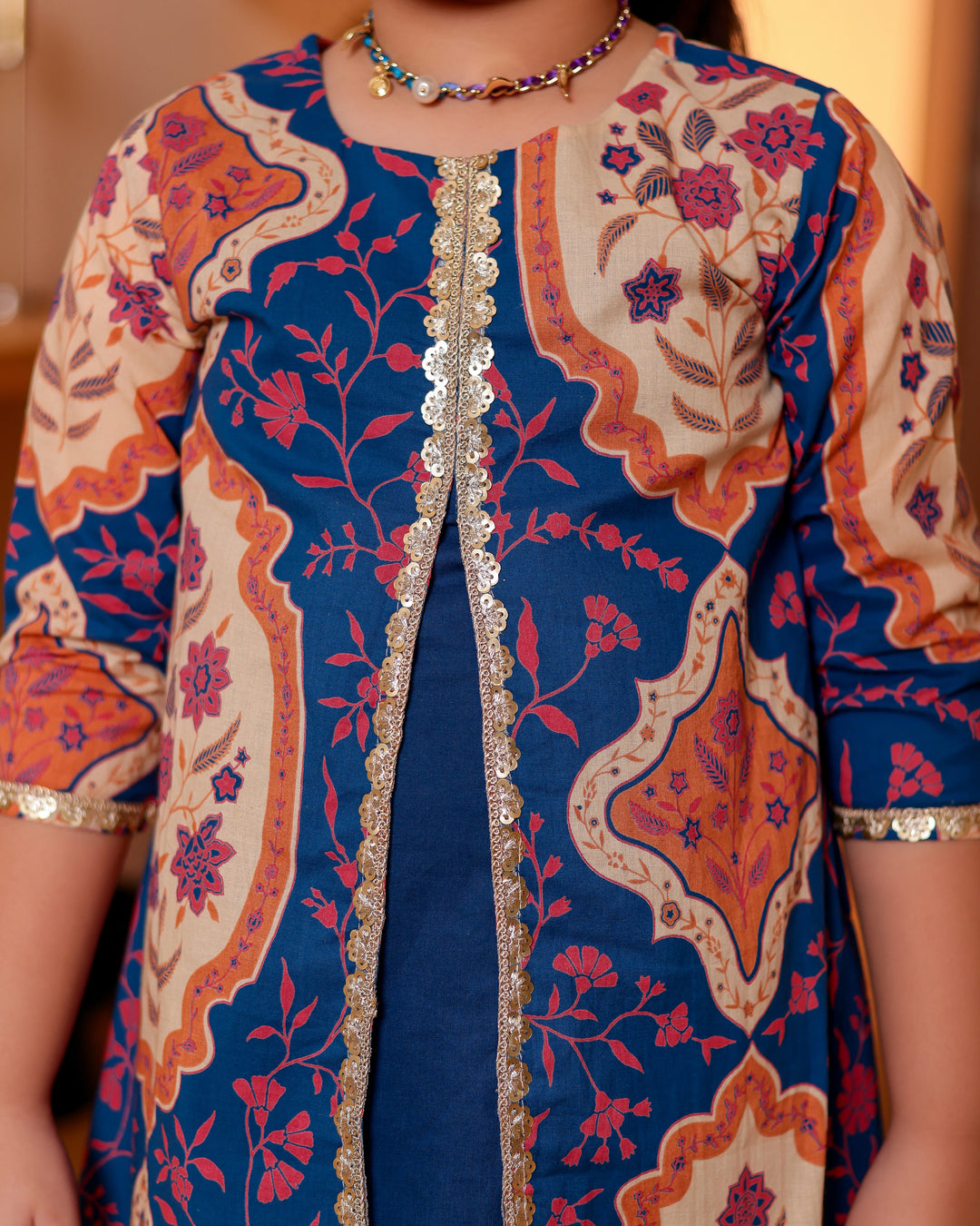Girls Blue A-Line Jacket-Style Kurti & Straight Pant Set with Dupatta