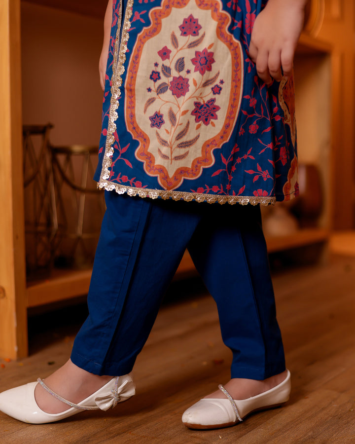 Girls Blue A-Line Jacket-Style Kurti & Straight Pant Set with Dupatta
