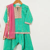 GIRLS GREEN LUREX KURTI WITH GREEN SALWAR AND PINK DUPATTA (SET OF 3)