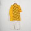 BOYS YELLOW BUTI SIDE BUTTON KURTA WITH OFF WHITE PAJAMA (SET OF 2)