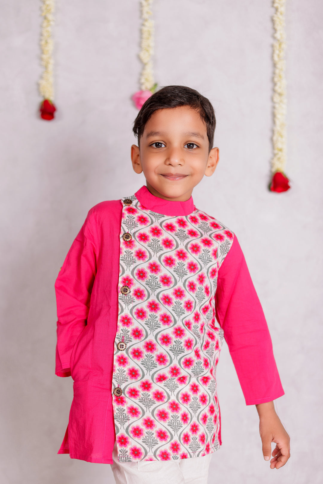 BOYS PINK FLORAL SIDE BUTTON KURTA WITH PAJAMA (SET OF 2)