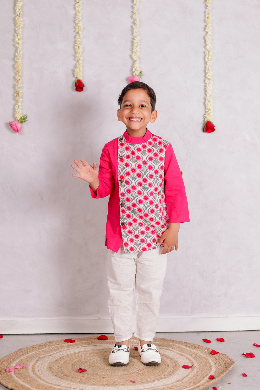 BOYS PINK FLORAL SIDE BUTTON KURTA WITH PAJAMA (SET OF 2)