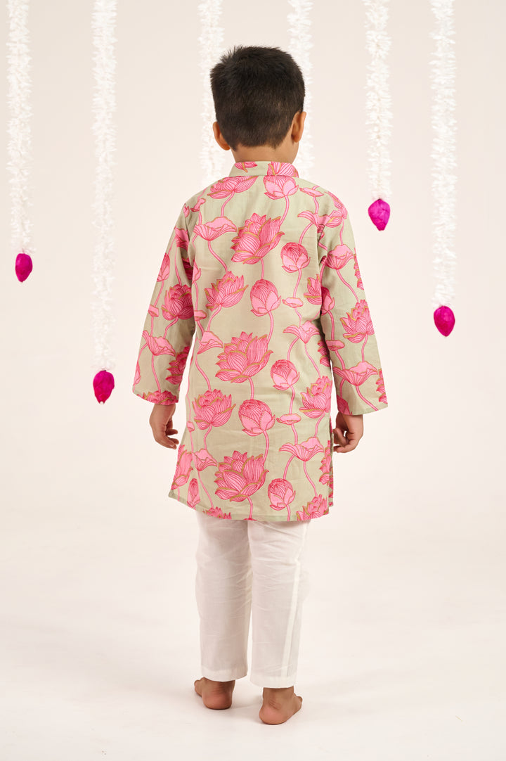 BOYS GREY PINK FLORAL KURTA WITH PAJAMA (SET OF 2)