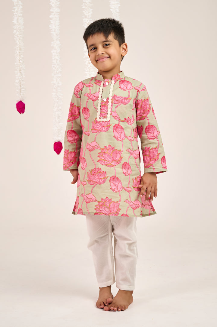 BOYS GREY PINK FLORAL KURTA WITH PAJAMA (SET OF 2)
